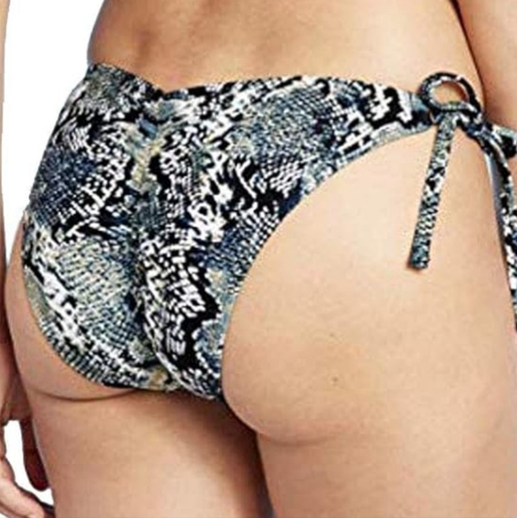 Shade & Shore Low Coverage Ruched Cheeky String Ties NWT Black/Wht/ Blue Snake - Picture 2 of 16